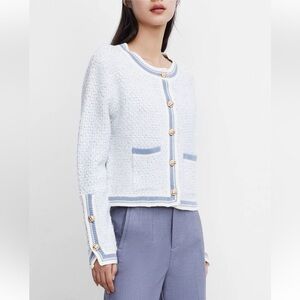 Urban Revivo 7 Contrast Trim Tweed Button Front Cardigan